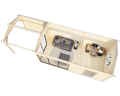 Innenansicht eines Holzhauses mit Wohnbereich und Büro