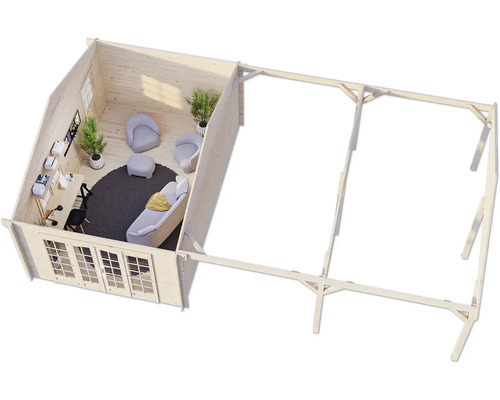 Visualisierung eines Gartenhauses mit Büroeinrichtung und überdachter Terrasse