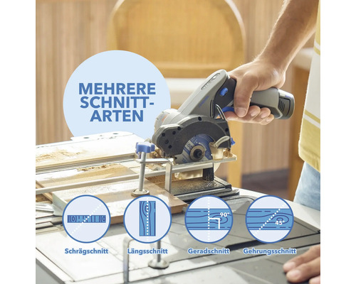 Akku-Mini-Kreissäge für verschiedene Schnittarten im Einsatz.