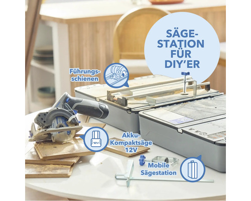 Akkukompaktsäge 12 Volt mit Führungsschienen und mobiler Sägestation für Heimwerker