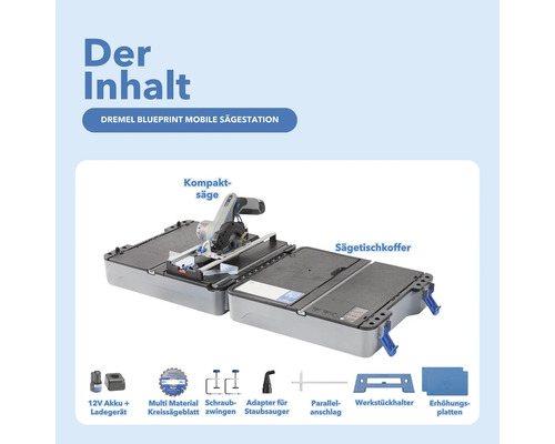 Dremel Blueprint mobile Sägestation mit Kompaktsäge, Sägetischkoffer, Akku, Ladegerät, Multi Material Kreissägeblatt, Schraubzwingen, Adapter für Staubsauger, Parallelanschlag, Werkstückhalter und Erhöhungsplatten.