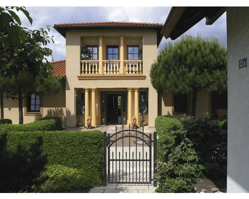 Hausfassade mit schmiedeeisernem Tor, Säulen und geschnittenen Hecken