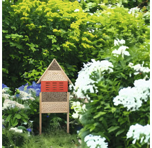 Insektenhotel aus Holz im Garten zwischen Pflanzen