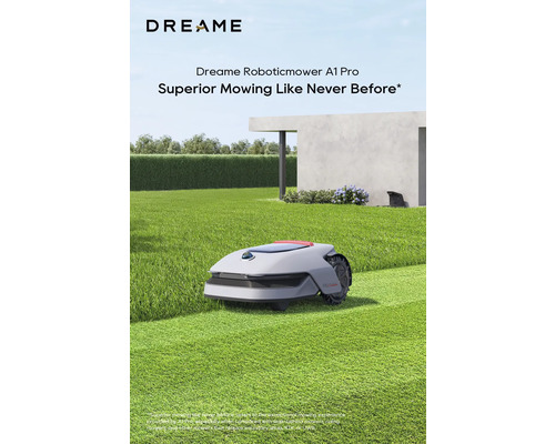 Dreame Robotermäher A1 Pro auf einer Rasenfläche vor einem modernen Haus