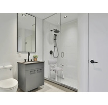 Badezimmer mit Dusche, Waschbeckenunterschrank, Spiegel und Toilette