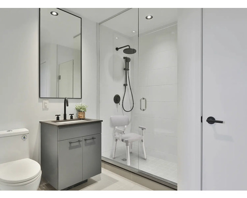 Badezimmer mit Dusche, Waschbeckenunterschrank, Spiegel und Toilette