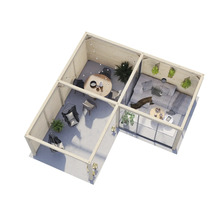 L-förmiger Pavillon mit Sitzbereich, Esstisch und Hängekörben