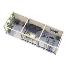 Draufsicht eines modernen Gartenhauses mit Terrasse, Wohnbereich und Spielzimmer