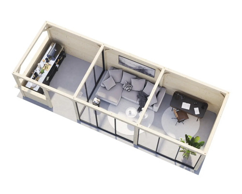 Draufsicht eines modernen Gartenhauses mit Küche, Wohnbereich und Arbeitszimmer