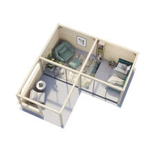 Draufsicht eines Holzhauses mit Wohnbereich, Schlafzimmer und Terrasse