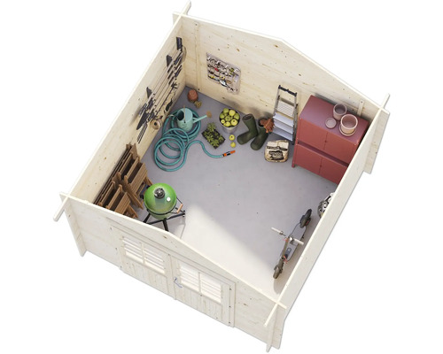 Innenansicht eines Gartenhauses mit Gartengeräten, Grill und Möbeln