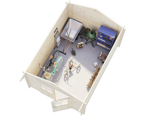 Ansicht von oben auf ein Gartenhaus gefüllt mit Gartengeräten, Fahrrädern und Spielzeug