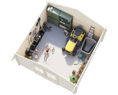 Holzgartenhaus Innenansicht mit Rasentraktor, Schubkarre, Gartengeräten und Regalen