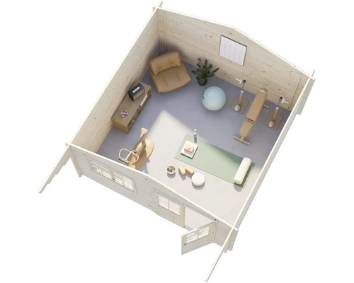 Innenansicht eines Holzgartenhauses mit Fitnessgeräten, darunter Hantelbank, Heimtrainer und Gymnastikmatte