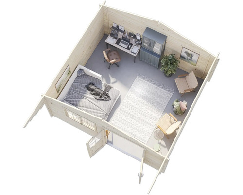 Innenansicht eines Holzgartenhauses mit Bett, Schreibtisch, Stühlen und Teppich