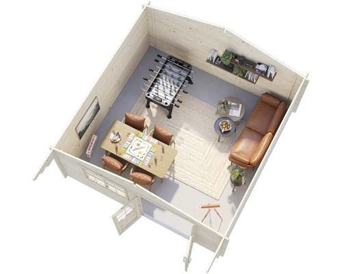 Innenansicht eines Holzgartenhauses mit Tischfußball, Tisch mit Stühlen und Sofa.