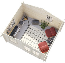 Holzgartenhaus eingerichtet als Musikzimmer mit Gitarre, Keyboard und Sesseln