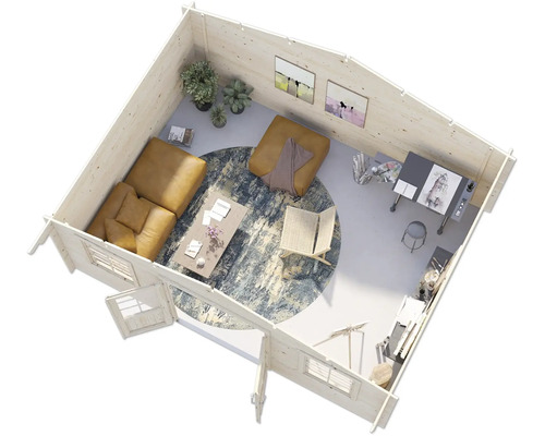 Innenansicht eines Gartenhauses mit Sofa, Tisch, Stuhl und Arbeitsbereich