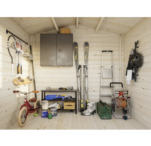 Organisierter Geräteschuppen mit Sportgeräten, Werkzeugen und Gartenzubehör