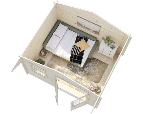 Innenansicht eines Holzhauses mit Bett, Nachttisch und Dekoration