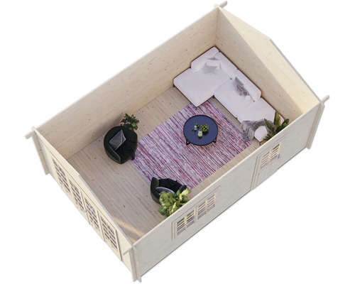 Innenansicht eines Gartenhauses mit Sofa, Sessel und Tisch