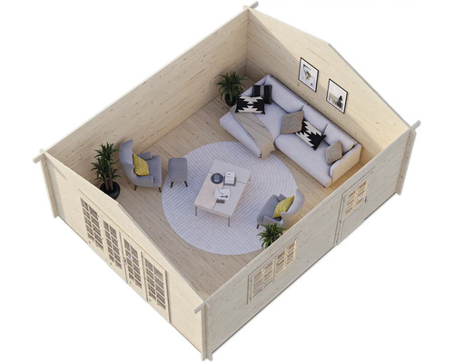 Innenansicht eines Gartenhauses mit Fenstern, Sitzgruppe und Couch