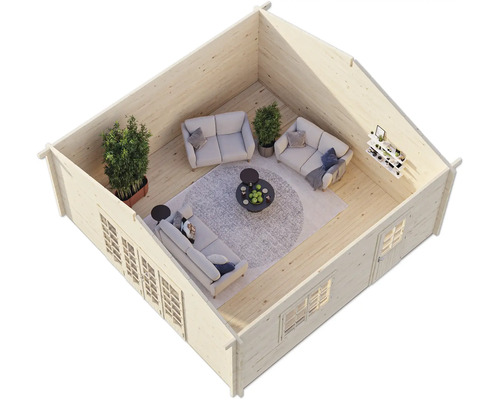 Ansicht eines Gartenhauses mit Fenstern, Türen, Möbeln und Pflanzen