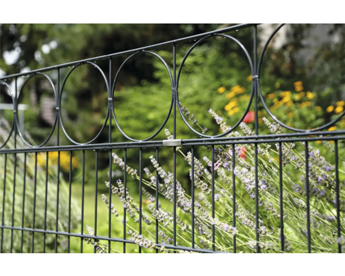 Metallzaun mit kreisförmigem Design und blühenden Pflanzen