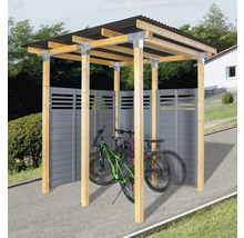 Fahrradunterstand mit Holzbalken, Rückwänden und zwei Fahrrädern