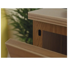Detailansicht eines Holzmöbels mit geöffneter Tür