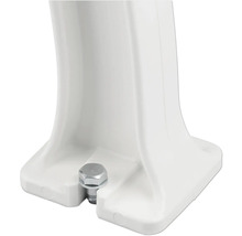 Detailansicht eines weißen Waschbeckenfußes mit Befestigungsbolzen.