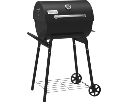 Schwarzer Holzkohlegrill mit Rädern und Thermometer