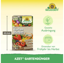 Packung Azet Gartendünger mit einer Höhe von 23,2 cm und Neudorff Logo, geeignet für den ökologischen Landbau und einsetzbar von Frühjahr bis Herbst.