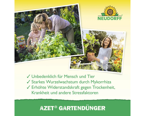 Neudorff Logo. Zwei Fotos zeigen die Anwendung von Azet Gartendünger. Gartendünger ist unbedenklich für Mensch und Tier, sorgt für starkes Wurzelwachstum und erhöht die Widerstandskraft gegen Trockenheit und Krankheit.