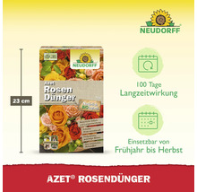 Azet Rosendünger in einer 23 Zentimeter hohen Verpackung mit Hinweisen zur Langzeitwirkung und zur Anwendung von Frühjahr bis Herbst.