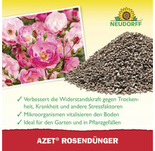 Neudorff Logo. Haufen von Rosendünger und Foto von blühenden Rosen. Der Rosendünger verbessert die Widerstandskraft gegen Trockenheit, Krankheiten und Stressfaktoren.