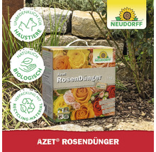 Azet Rosendünger 5 Kilogramm Packung mit Neudorff Logo. Unbedenklich für Haustiere. Natürlich Biologisch. Verpackung mit Recyclingmaterial.