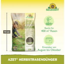 Sack Neudorff Azet Herbstrasendünger mit Kind auf Rasen und Informationen zu Reichweite und Anwendungszeitraum