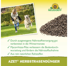 Neudorff Logo. Darstellung von Herbst-Rasendünger Azet. Kind und Hund spielen auf Rasen.