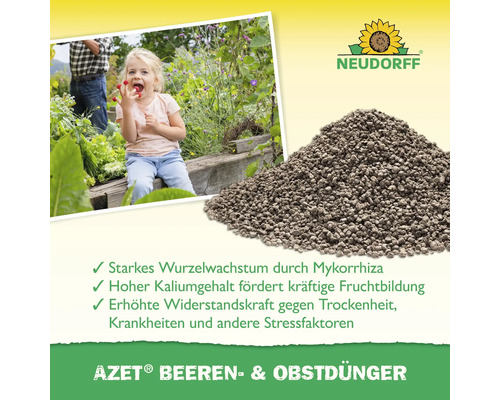 Neudorff Azet Beeren- und Obstdünger mit Kind im Garten und Informationen zum Wurzelwachstum