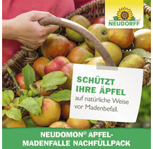 Person hält Korb mit Äpfeln und Neudorff Logo. Aufschrift: Schützt Ihre Äpfel auf natürliche Weise vor Madenbefall. Neudomon Apfelmadenfalle Nachfüllpack