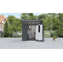 Garten Metall Geräteschuppen mit geöffneter Tür und Fahrrädern