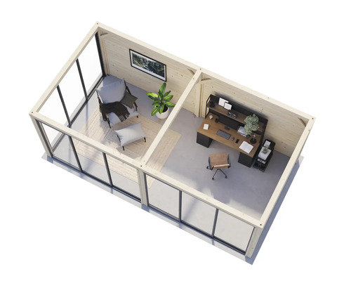 Ansicht von oben: modernes Gartenhaus mit Bürobereich und Sitzecke