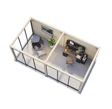 Ansicht von oben eines modernen Gartenhauses mit Büroeinrichtung und Wohnbereich