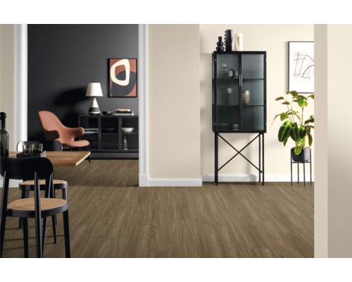 Inneneinrichtung mit Bodenbelag in Holzoptik, Esstisch und Vitrine