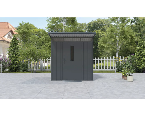 Metallgerätehaus mit Tür und Fenster im Garten