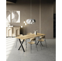 Esszimmer mit Holztisch, Stühlen und Pendelleuchte