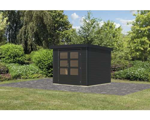 Schwarzes Gartenhaus aus Holz mit Doppeltür auf Pflastersteinen im Garten