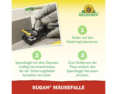 Anleitung zur Verwendung einer Sugan Mäusefalle mit den Schritten: Köder platzieren, Spannbügel herunterdrücken, Maus entfernen.