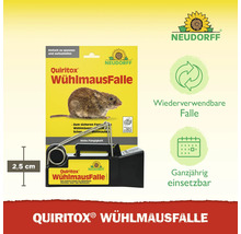 Quiritox Wühlmausfalle mit Verpackung und Hinweisen zur Wiederverwendbarkeit sowie zur ganzjährigen Einsetzbarkeit